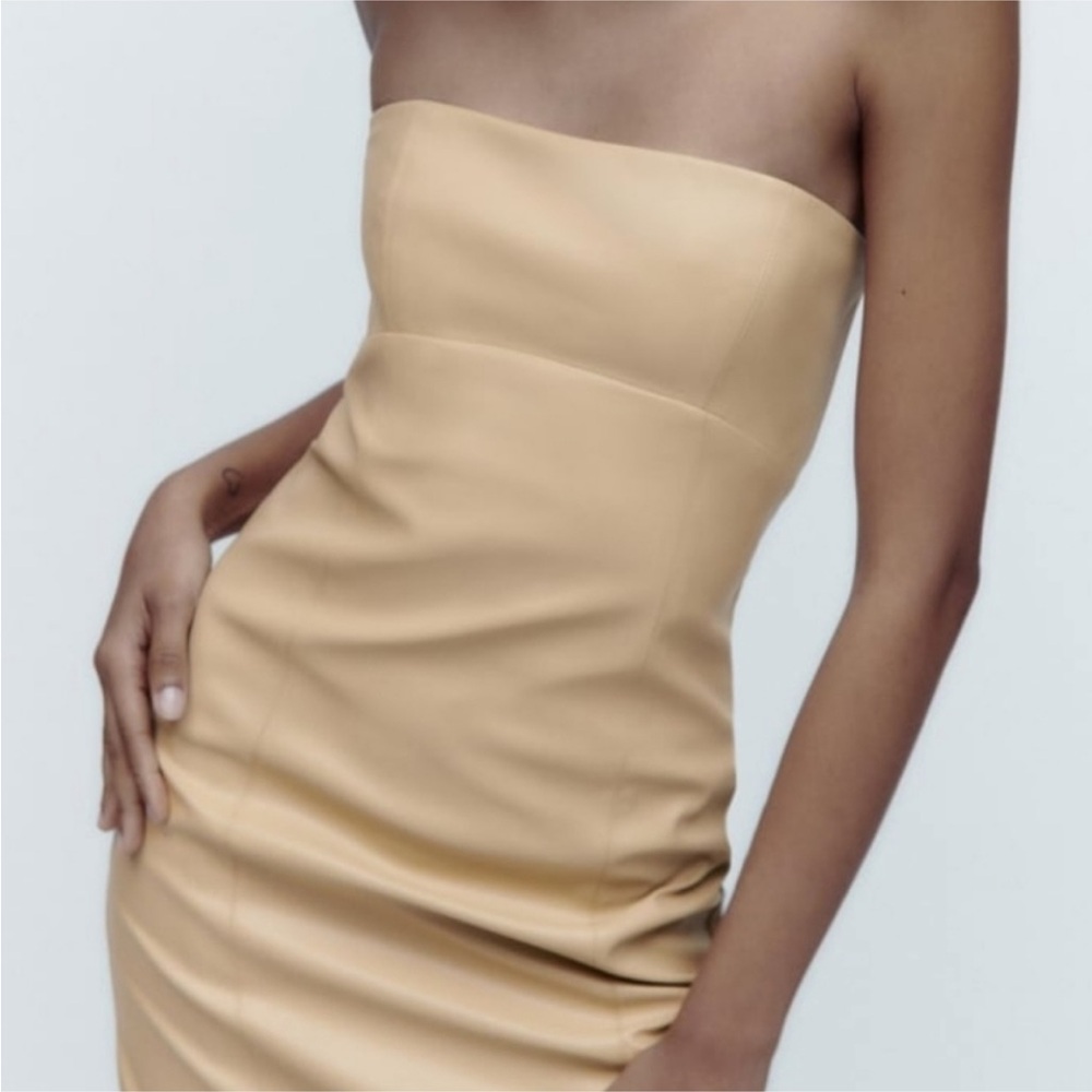 ZARA Strapless Faux Leather Midi Dress